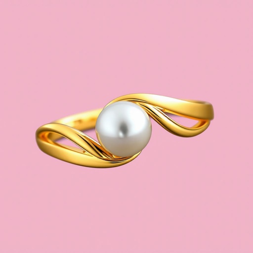 A golden ring with a pearl in the middle, the ring curving into an elegant wave type circle around the pearl. I want it to have a very elegant, simple and beautiful design. I want the ring symmetrical and the pearl to be a medium size.