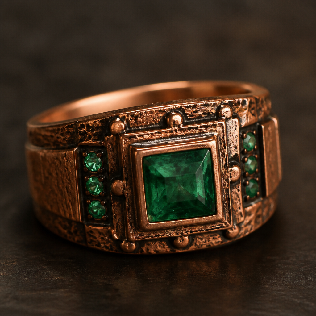 A rustic men's ring made of copper with emerald stones suitable for party
photorealistic jewelry design, A rustic men's ring made of copper with emerald stones suitable for party, rustic style, just the design no text