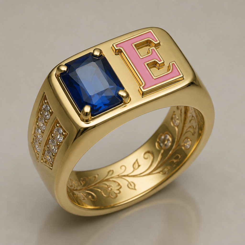 A modern women's ring made of gold suitable for birthday. um anel de 15 anos mais grosso com pedra azul e a inicial E na cor rosa e com frase dentro
photorealistic jewelry design, A modern women's ring made of gold suitable for birthday. um anel de 15 anos mais grosso com pedra azul e a inicial E na cor rosa e com frase dentro, modern style, just the design no text