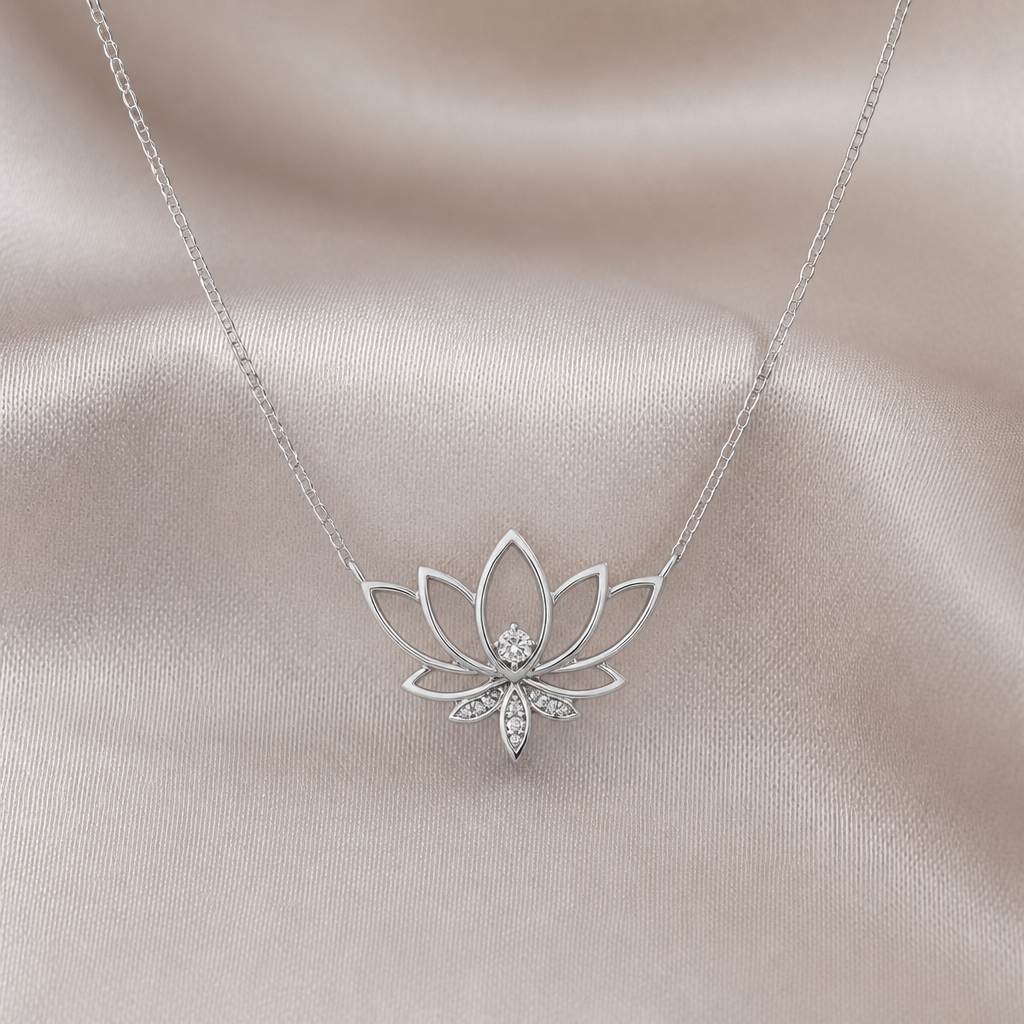 A minimalist women's necklace made of silver with diamond stones. collier minimaliste avec un beau lotus avec quelque details delicat avec 1 diamant dans le milieu super féminin, je veux que l'attache avec la chaine soit la plus discret possible
photorealistic jewelry design, A minimalist women's necklace made of silver with diamond stones. collier minimaliste avec un beau lotus avec quelque details delicat avec 1 diamant dans le milieu super féminin, je veux que l'attache avec la chaine soit la plus discret possible, minimalist style, just the design no text