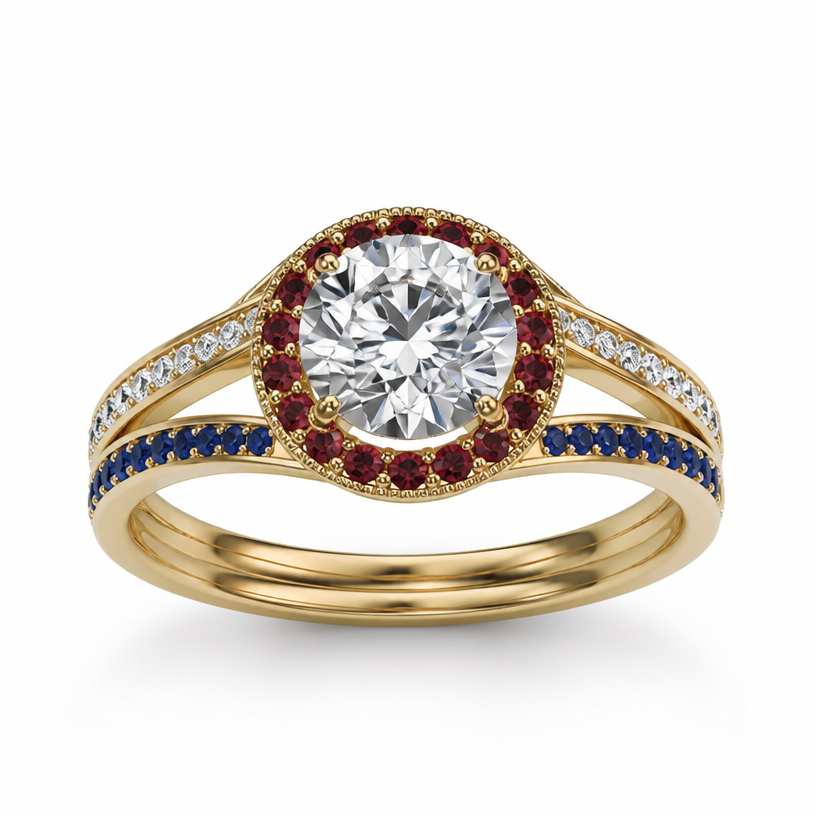 A women's ring made of rose gold with garnet stones. 18k yellow gold ring with a twin shank and a round brilliant cut diamond center of 1.28ct or 6.7mm halo design. there are diamonds and sapphires on alternative shanks
using the attached image as a visual reference, create A women's ring made of rose gold with garnet stones. 18k yellow gold ring with a twin shank and a round brilliant cut diamond center of 1.28ct or 6.7mm halo design. there are diamonds and sapphires on alternative shanks. photorealistic, just the design no text