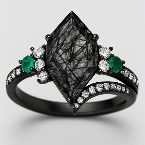 Kite cut Black rutilated quartz with 1 emerald on each side and 3 moissanite on each side accent stones in a cluster on a black band, second band black with moissanite stones that curves around the main stone 