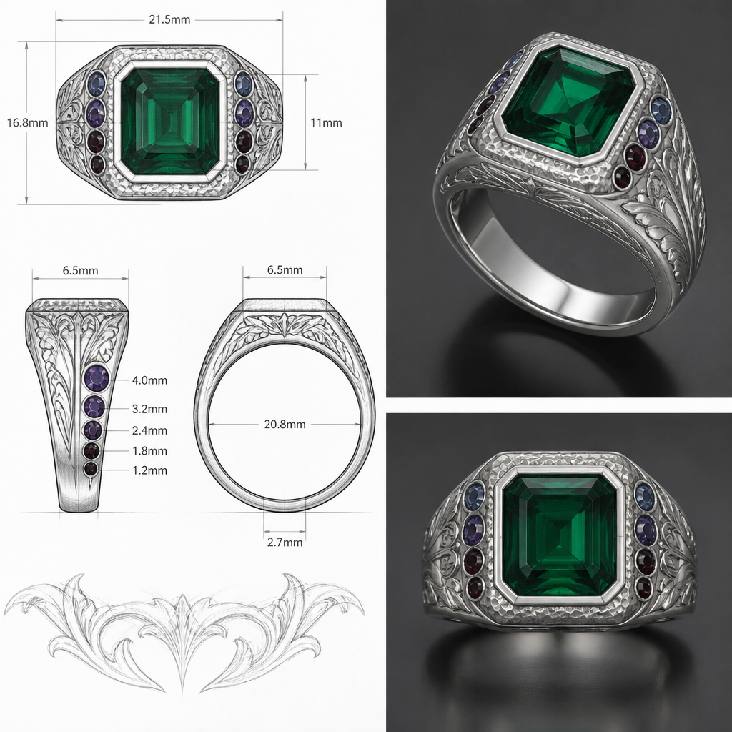A art nouveau men's ring made of silver with emerald and garnet stones. a square emerald cut 11mm by 11mm emerald in a signet ring with garnets on the side between 3 and 6 on each side that goes from really dark red almost black to purple and then blueish garnet at the top on the sides close to the emerald also making the blueish garnet 4mm and going a size smaller until the dark red at the bottom at 1.2mm
i would like a detailed sketch with mesures and also a photo realistique of the ring
id like some scandinavian ingraving
and a hammered texture on the top half that slowly transition to a polished finish on the bottom of the ring
photorealistic jewelry design, A art nouveau men's ring made of silver with emerald and garnet stones. a square emerald cut 11mm by 11mm emerald in a signet ring with garnets on the side between 3 and 6 on each side that goes from really dark red almost black to purple and then blueish garnet at the top on the sides close to the emerald also making the blueish garnet 4mm and going a size smaller until the dark red at the bottom at 1.2mm
i would like a detailed sketch with mesures and also a photo realistique of the ring
id like some scandinavian ingraving
and a hammered texture on the top half that slowly transition to a polished finish on the bottom of the ring, art_nouveau style, just the design no text