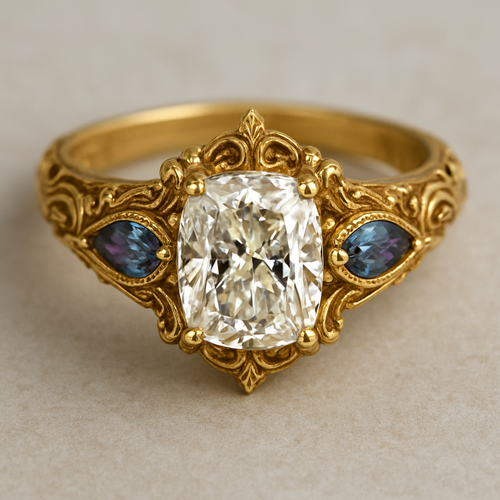 2 carat elongated cushion cut diamond engagement yellow gold ring with marquise shaped alexandrite side stones 