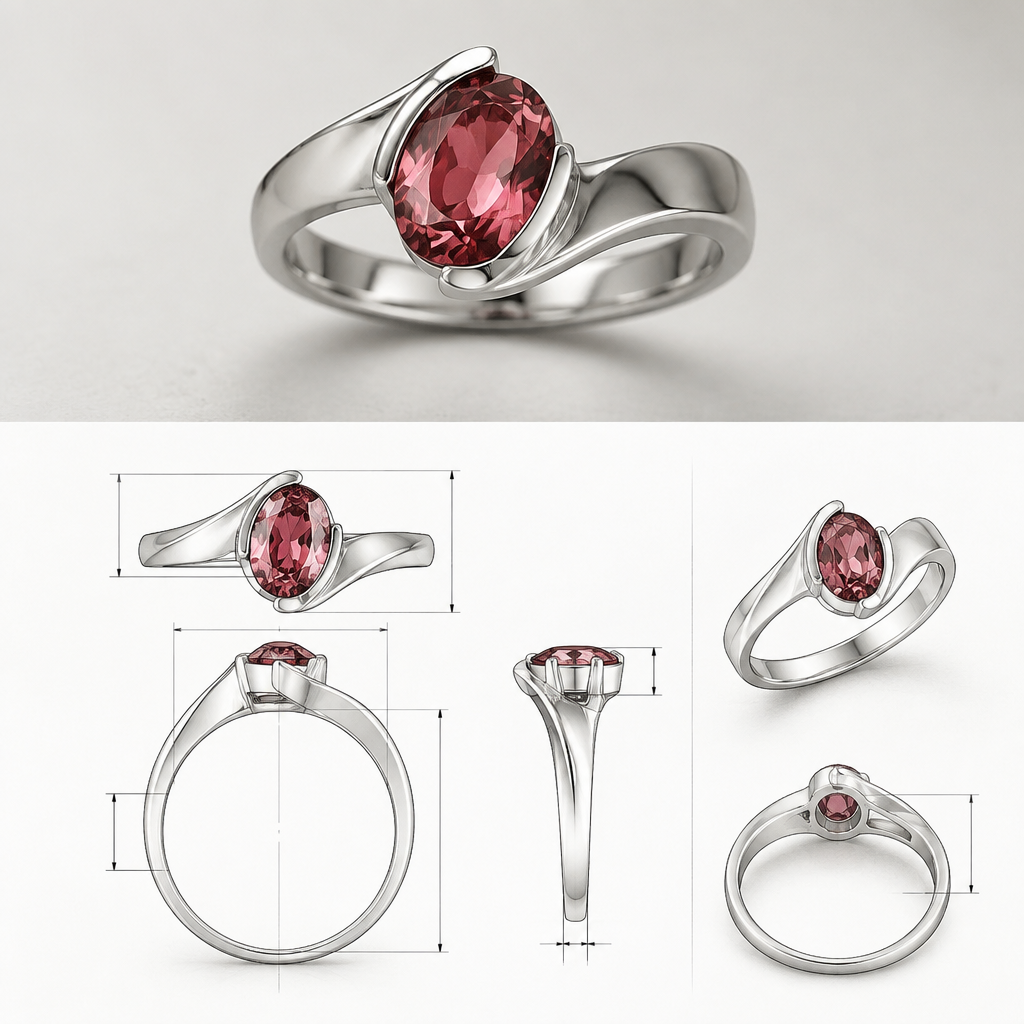 A contemporary women's ring made of silver with garnet stones. using the piece in the photo i would like a ring with a pink oval garnet mounted
i would like to see a photo reealistic rendering of the piece and also a sketch with detailed measurment
photorealistic jewelry design, A contemporary women's ring made of silver with garnet stones. using the piece in the photo i would like a ring with a pink oval garnet mounted
i would like to see a photo reealistic rendering of the piece and also a sketch with detailed measurment, contemporary style, just the design no text