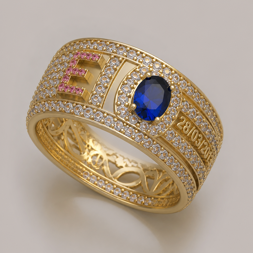 A women's ring, highly ornate, intricate and elaborate, richly detailed. anel de 15 anos nesse estilo com a pedra do outro lado da letra ,cheio de pedrinhas em volta com a frase 28/03/2013 e o anel um pouco menor com a inicial E tudo junto só tira o número 15 a pedra azul do outro lado e cheio de pedrinhas branca em volta
using the attached image as a visual reference, create A women's ring, highly ornate, intricate and elaborate, richly detailed. anel de 15 anos nesse estilo com a pedra do outro lado da letra ,cheio de pedrinhas em volta com a frase 28/03/2013 e o anel um pouco menor com a inicial E tudo junto só tira o número 15 a pedra azul do outro lado e cheio de pedrinhas branca em volta. photorealistic, just the design no text