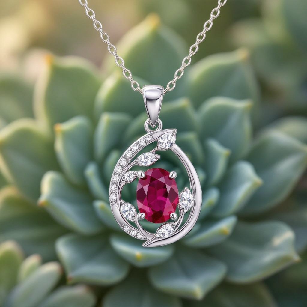 7x5mm oval pigeon blood ruby with 8 marquis cut diamonds each .08ct set in white gold pendant 