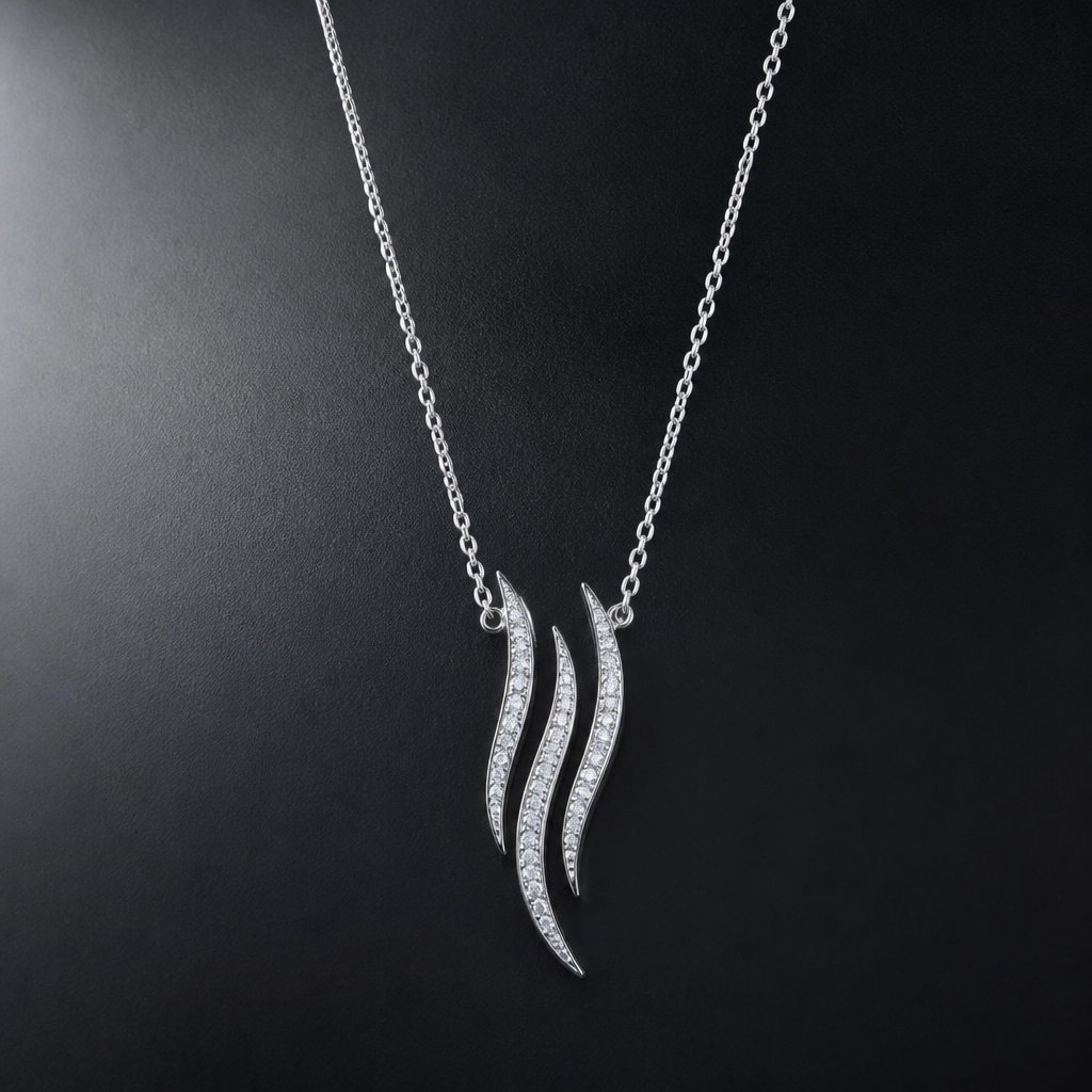 A women's necklace made of silver with diamond stones. Flamme délicate x3 metal mince
photorealistic jewelry design, A women's necklace made of silver with diamond stones. Flamme délicate x3 metal mince, modern style, just the design no text