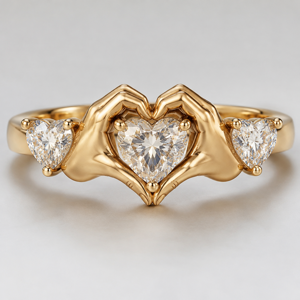 A three-stone women's ring. Je veux des mains en forme de cœur, mais avec un diamant à l'intérieur du cœur, exactement la même forme.
photorealistic jewelry design, A three-stone women's ring. Je veux des mains en forme de cœur, mais avec un diamant à l'intérieur du cœur, exactement la même forme., three_stone style, just the design no text