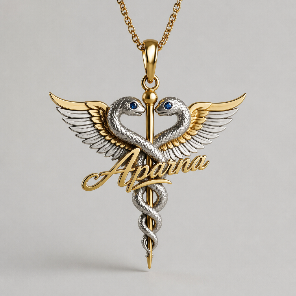 A women's pendant made of mixed metal with sapphire stones suitable for daily wear. A doctor symbol with a blue gem stones on the eyes of the snake having a sharp- ened end of the wings carved little upper resembling the freedom and between the design Aparna is carved on it the name should be italiciz d and made up of gold
photorealistic jewelry design, A women's pendant made of mixed metal with sapphire stones suitable for daily wear. A doctor symbol with a blue gem stones on the eyes of the snake having a sharp- ened end of the wings carved little upper resembling the freedom and between the design Aparna is carved on it the name should be italiciz d and made up of gold, modern style, just the design no text