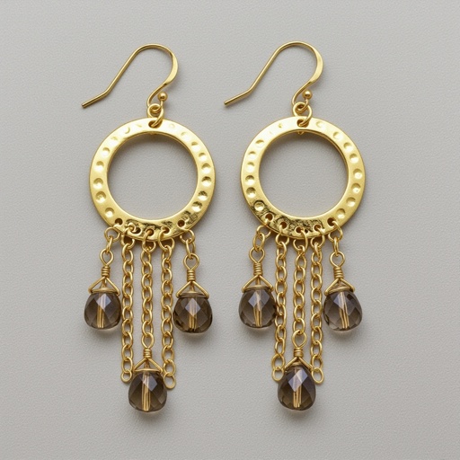 Золотые серьги полумесяц вертикальный 2 см, сверху крепится к швензе. От полумесяца идет три цепочки золотого цвета, у каждой на конце камушек раухтопаз