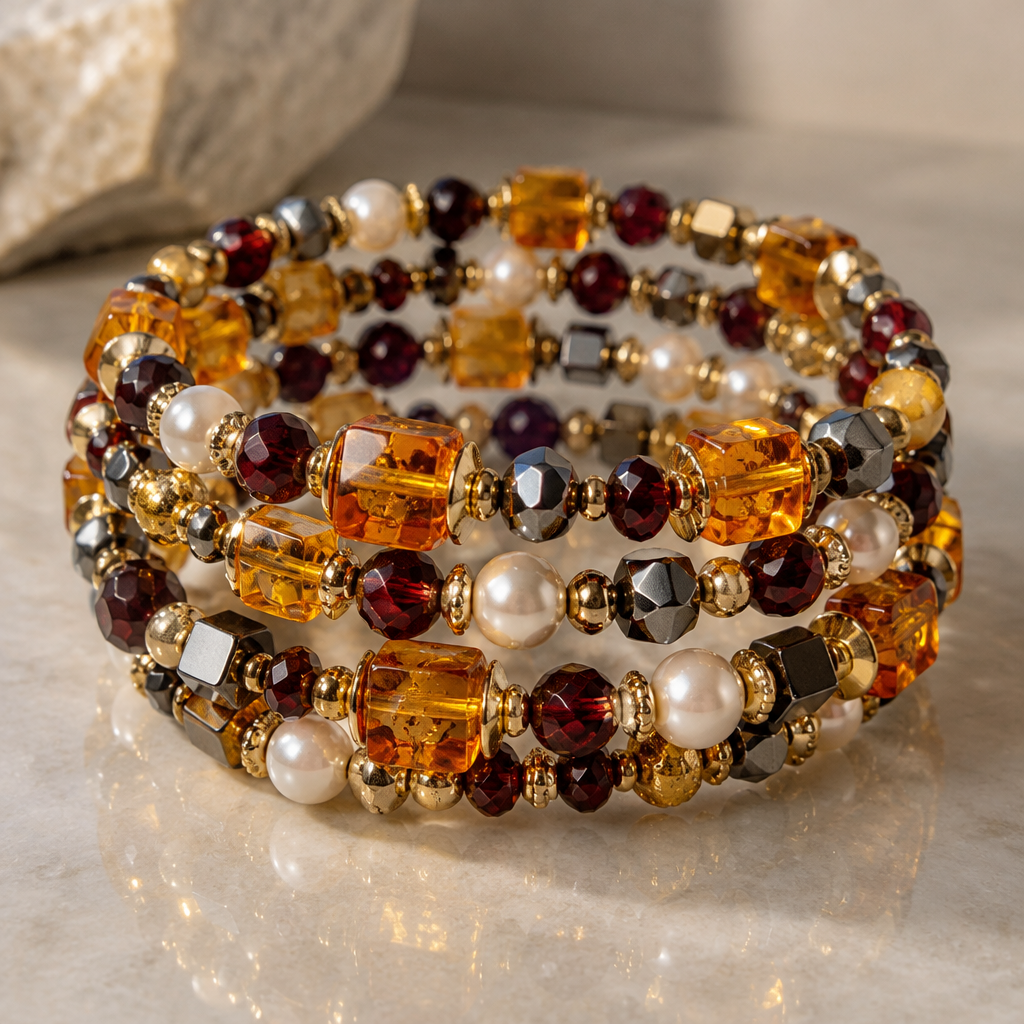 A stackable women's bracelet made of gold with garnet and topaz stones. Браслет на мемори проволоки многорядный , камень янтарь, форма бусины кубик 7×7мм , добавить бусины изтгематита, жемчуга, граната.
photorealistic jewelry design, A stackable women's bracelet made of gold with garnet and topaz stones. Браслет на мемори проволоки многорядный , камень янтарь, форма бусины кубик 7×7мм , добавить бусины изтгематита, жемчуга, граната., stackable style, just the design no text