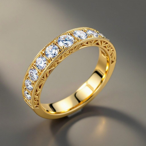 Gold wedding alliance with diamonds set in beads setting