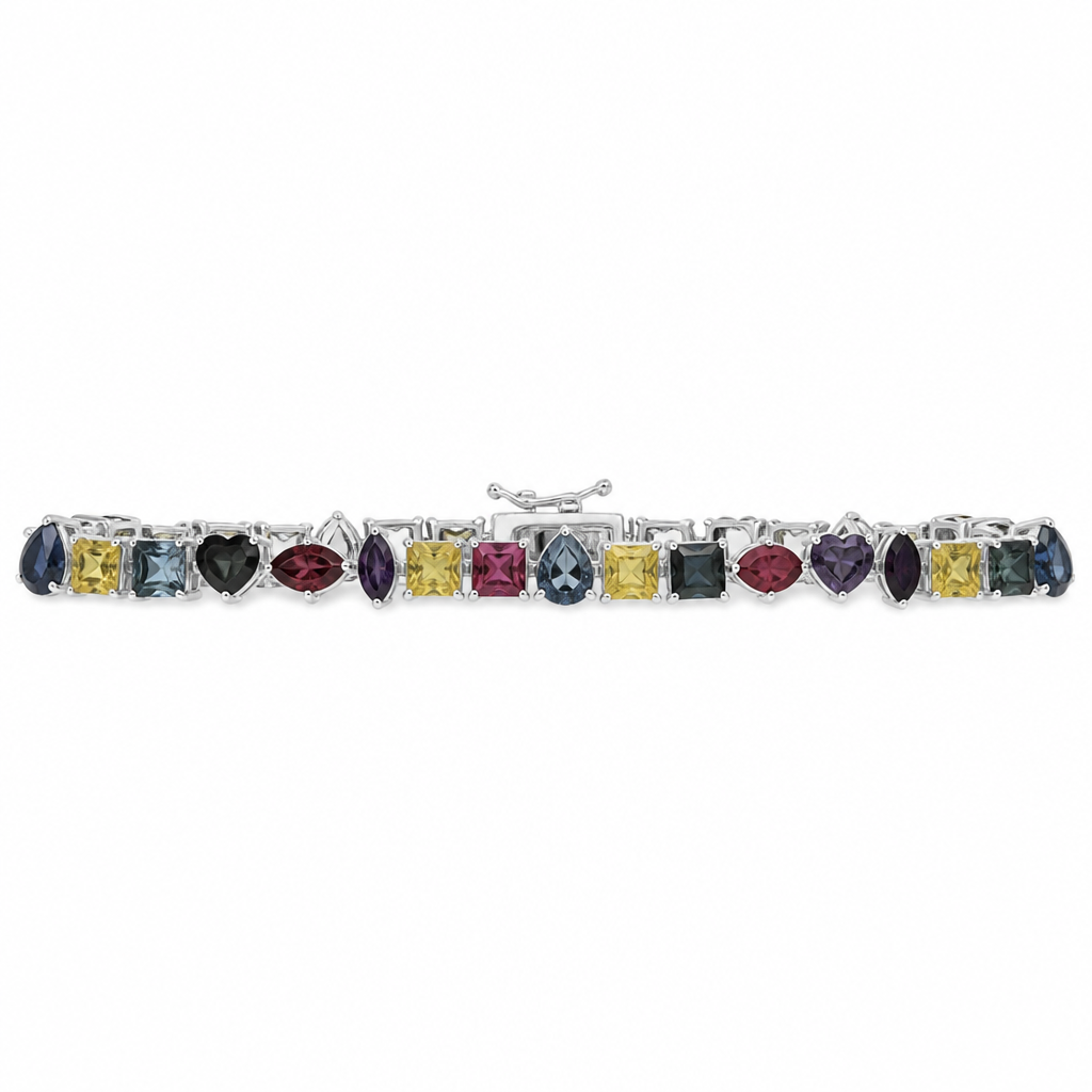''pear, square, heart, marquis, square, pear, square, heart, marquis, square, pear, square, heart, marquis, square, pear, square, heart in different dark colored precious gemstones and yellow colored diamond in silver setting - total of 18 stones
photorealistic jewelry design, ''pear, square, heart, marquis, square, pear, square, heart, marquis, square, pear, square, heart, marquis, square, pear, square, heart in different dark colored precious gemstones and yellow colored diamond in silver setting - total of 18 stones , just the design no text