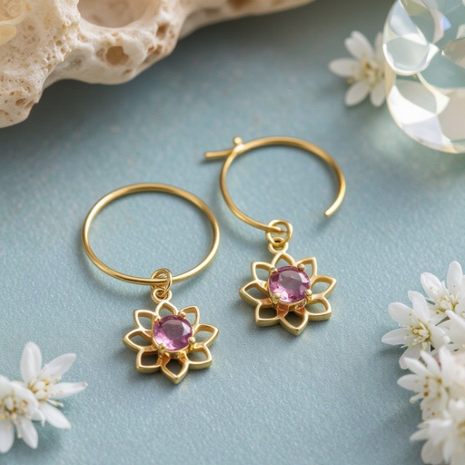 Серьги небольшие кольца,на серьгах висит в виде золотого лотоса шестью лепестками с маленьким розовым кварцем по центру