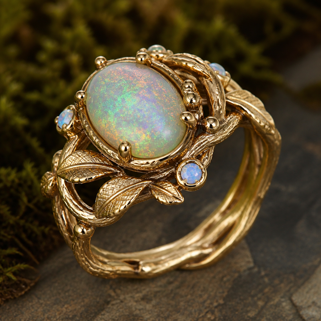 A nature-inspired women's ring made of gold with opal stones, highly ornate, intricate and elaborate, richly detailed. estilo elegante pero rústico con una gema que sea de forma de ovalo
photorealistic jewelry design, A nature-inspired women's ring made of gold with opal stones, highly ornate, intricate and elaborate, richly detailed. estilo elegante pero rústico con una gema que sea de forma de ovalo, nature_inspired style, just the design no text