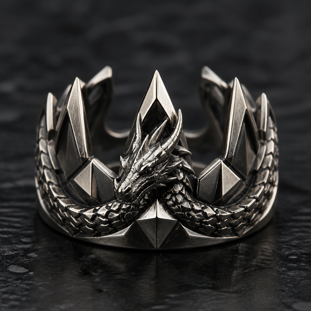 Crown ring with dragon on it
photorealistic jewelry design, Crown ring with dragon on it
, geometric style, just the design no text