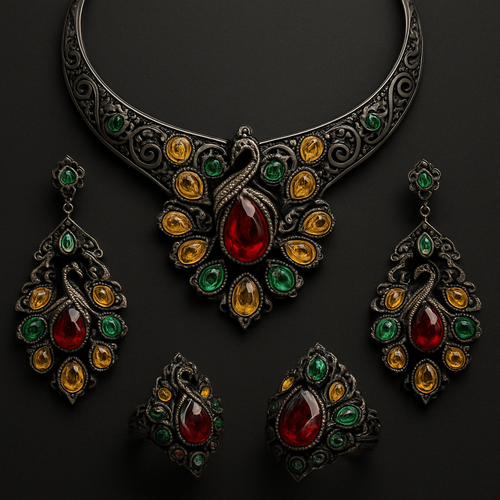 A full Ruby jewelry set with at least 10 citrine and green topaz inlays with peacock themes and an omega necklace