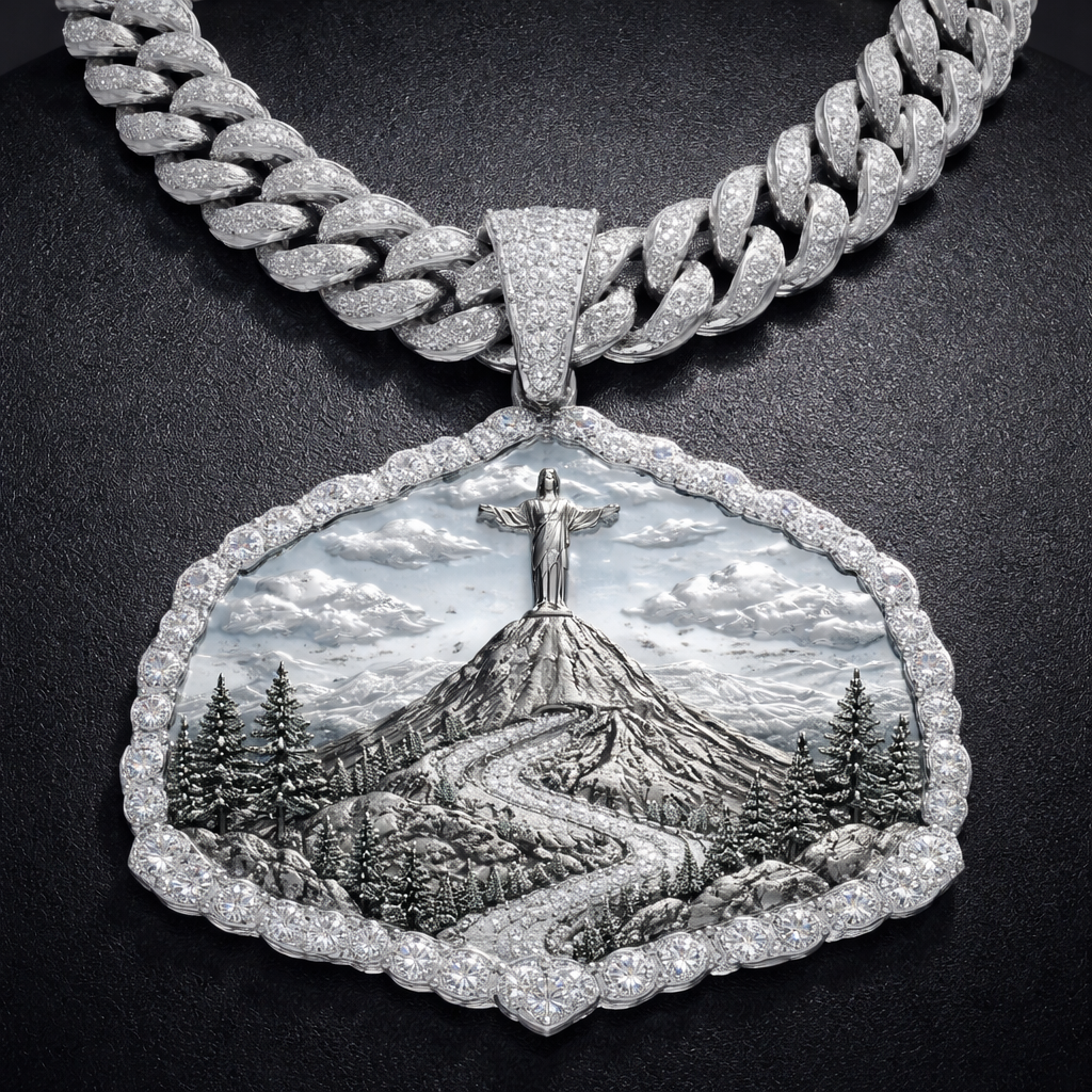 A nature men's necklace made of white gold with diamond stones. I want a pendant out of the picture 3D of Mt cristo rey with a diamond Cuban link all in white gold