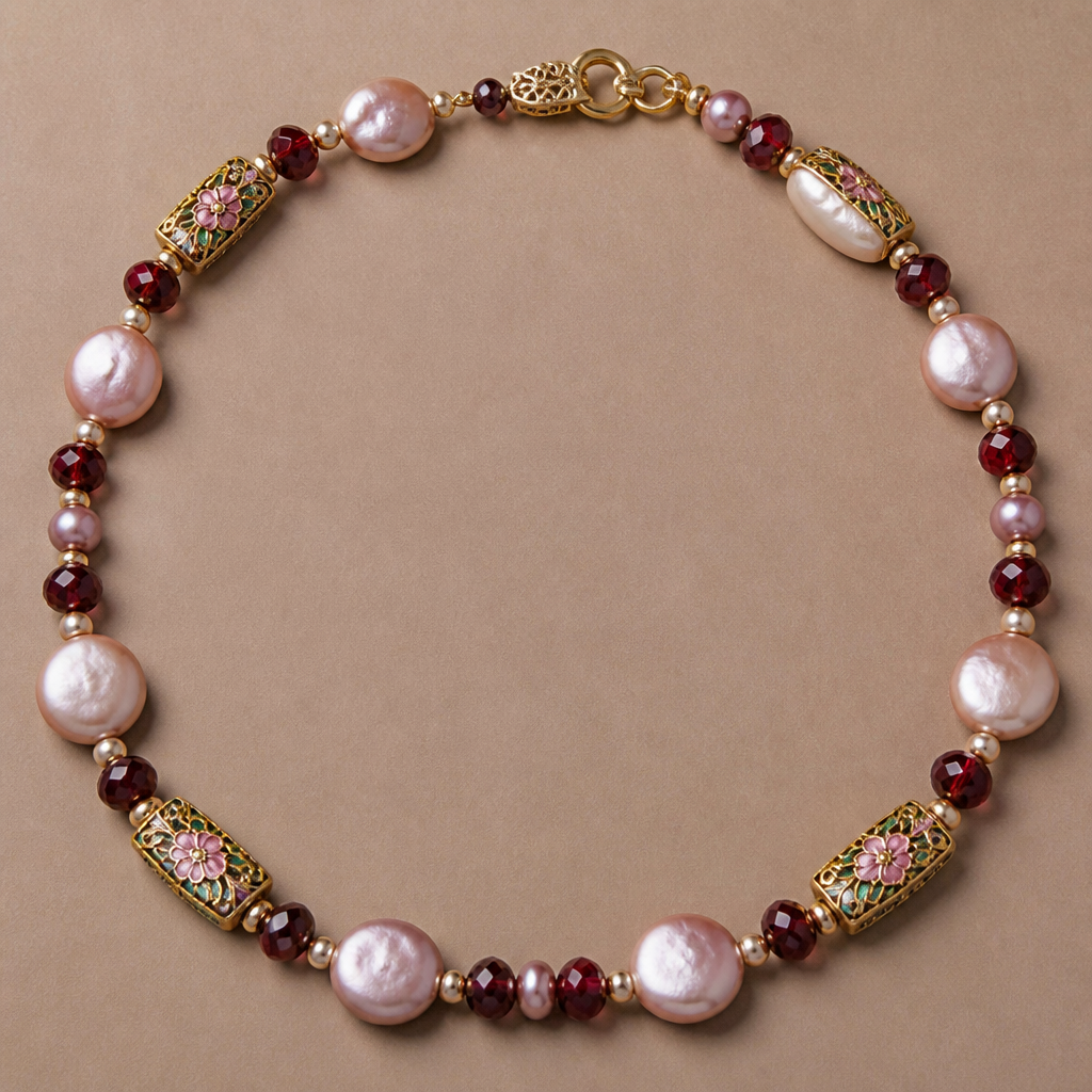 8mm coin pearls pink luster, pink luster round pearls 6mm, garnet spacers 4mm rounds. Gold filigree cloisonné rectangle beads with pick enamel
photorealistic jewelry design, 8mm coin pearls pink luster, pink luster round pearls 6mm, garnet spacers 4mm rounds. Gold filigree cloisonné rectangle beads with pick enamel, luxury style, just the design no text