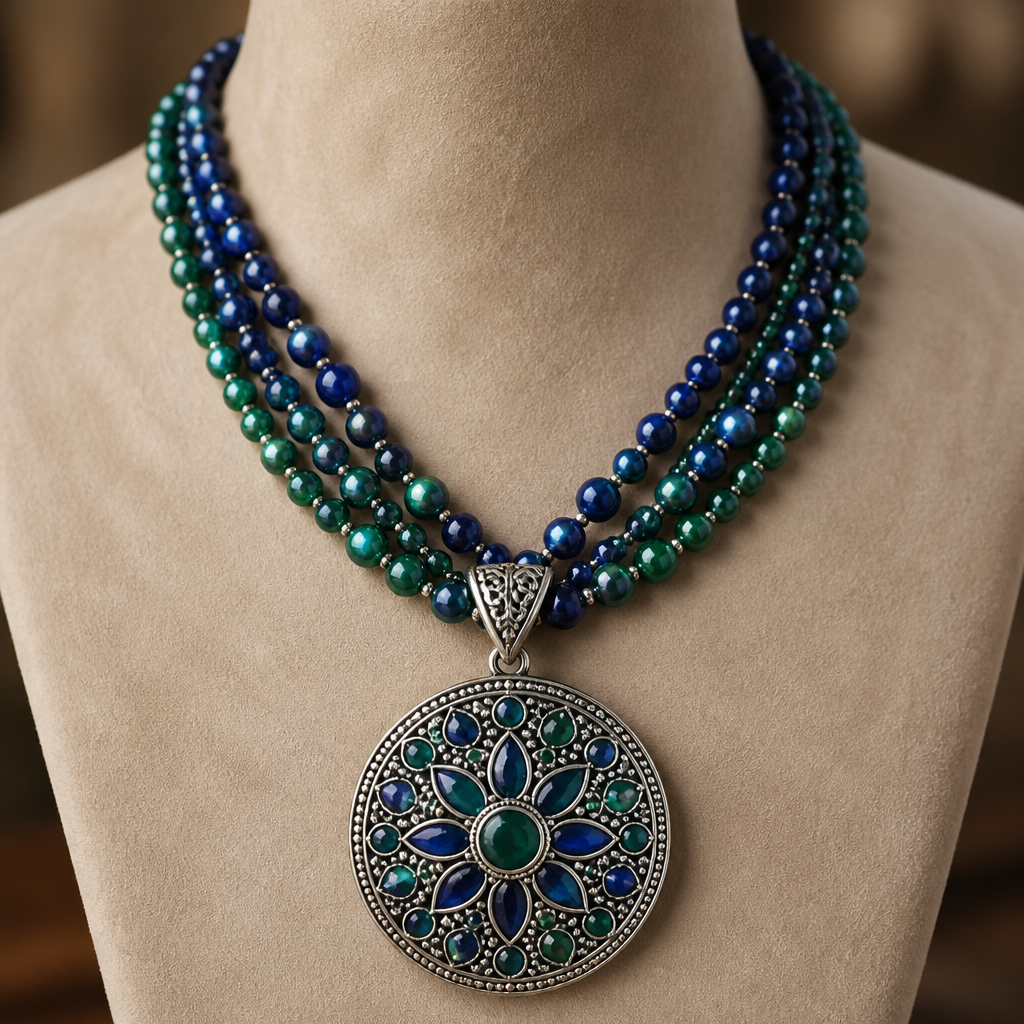 Blue and green pearl strings with big bohemian locket
photorealistic jewelry design, Blue and green pearl strings with big bohemian locket , contemporary style, just the design no text