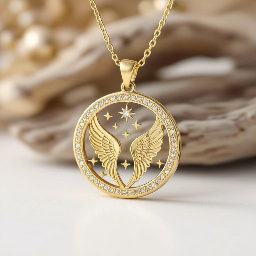 Золотой матовый медальон в форме неровного круга с неровными краями. По краям выпуклые точки сплошной линией. На круге выгравирован ангел без фигуры, видно только крылья и вокруг здездочки и разные узоры и украшен миниатюрными камнями