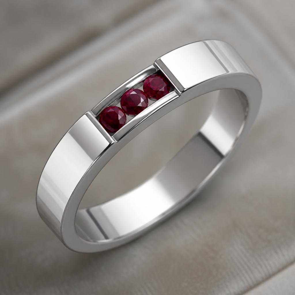 A minimalist men's ring made of white gold with ruby stones suitable for engagement
photorealistic jewelry design, A minimalist men's ring made of white gold with ruby stones suitable for engagement, minimalist style, just the design no text