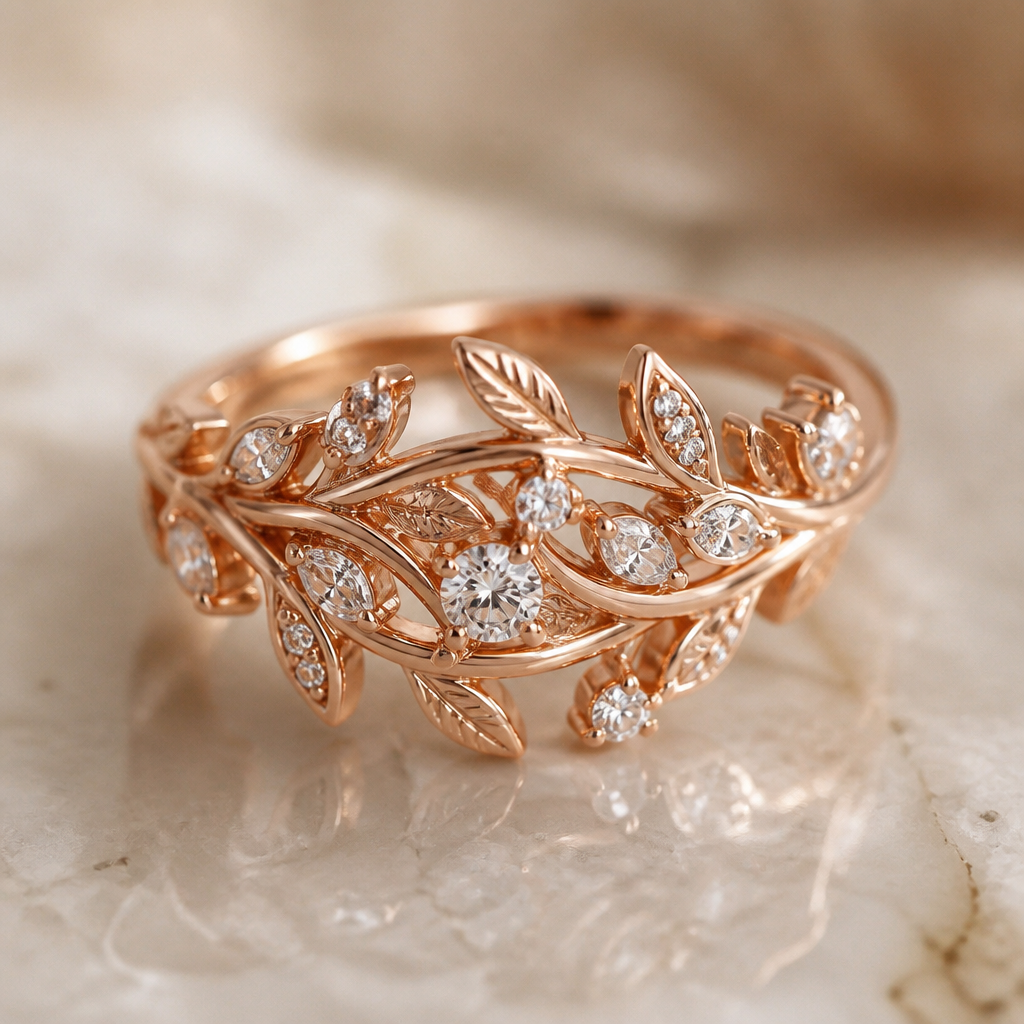 A nature women's ring made of rose gold with diamond stones, detailed and decorative, moderately ornate
photorealistic jewelry design, A nature women's ring made of rose gold with diamond stones, detailed and decorative, moderately ornate, nature_inspired style, just the design no text