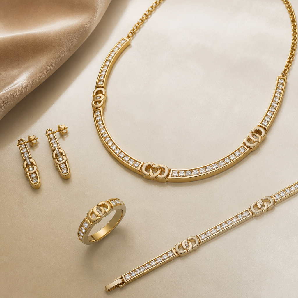 A channel-set women's necklace made of gold, detailed and decorative, moderately ornate. make ring and earrings and bracelete with it in the same desing and make it in Gucci brand style
photorealistic jewelry design, A channel-set women's necklace made of gold, detailed and decorative, moderately ornate. make ring and earrings and bracelete with it in the same desing and make it in Gucci brand style, channel_set style, just the design no text