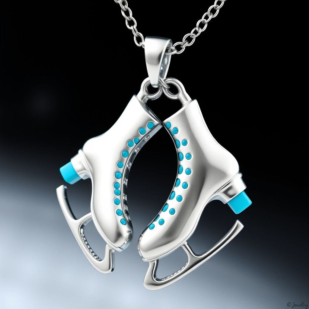 Pendant silver with stylized ice figure skating skates. Remove boots and leave only lowest part of skates. Add turquoise