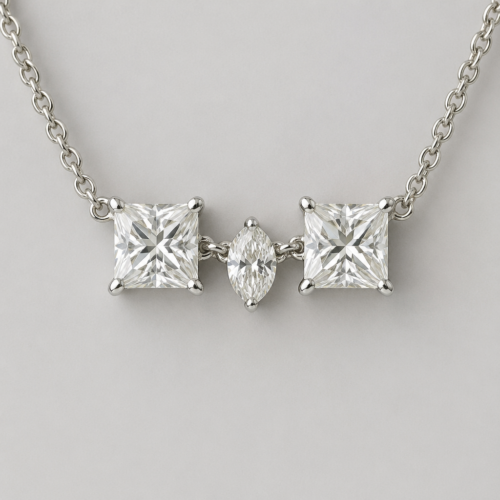 Two .5 k princes cut diamonds and additional stone between on a chain
photorealistic jewelry design, Two .5 k princes cut diamonds and additional stone between on a chain
, modern style, just the design no text