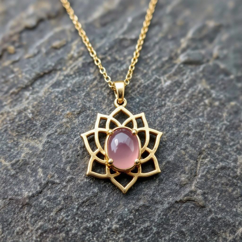 Золотая матовая цепочка. Подвеска матовая лотос шесть лепестков нижние лепестки крупнее верхних  не круглый . В сердце лотоса матовый розовый кварц овальный
