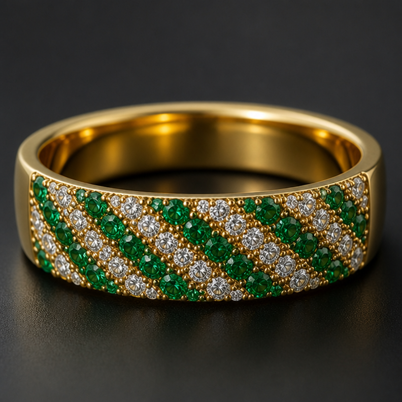 the rows of diamons and green gems are diangle across the front
edit the attached jewelry design with these instructions: the rows of diamons and green gems are diangle across the front. keep it photorealistic, just the design no text