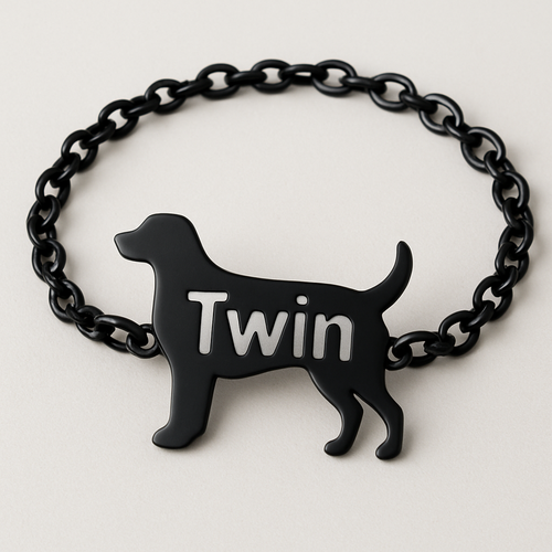 Black bracelet that says “Twin” in a dog shape