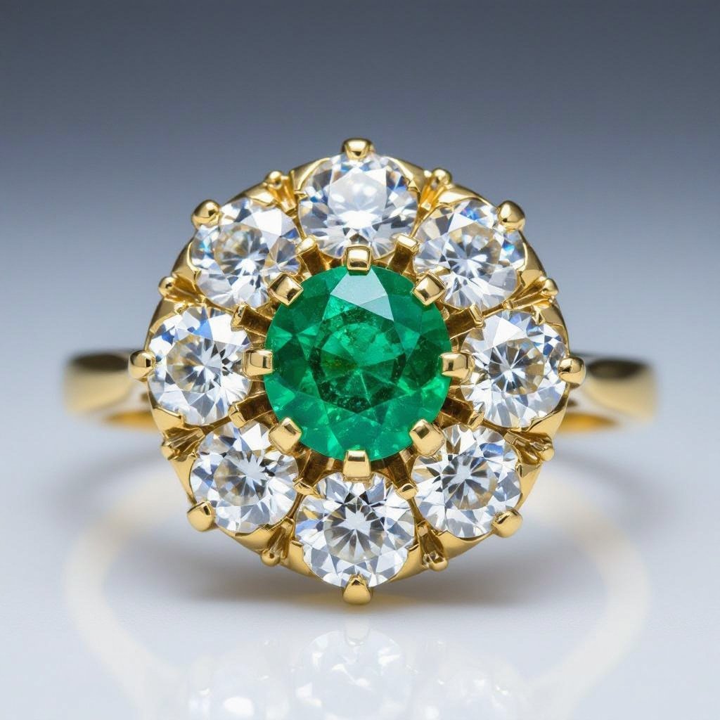 Anillo con Central de esmeralda redonda con 6 diamantes al rededor en oro amarillo 