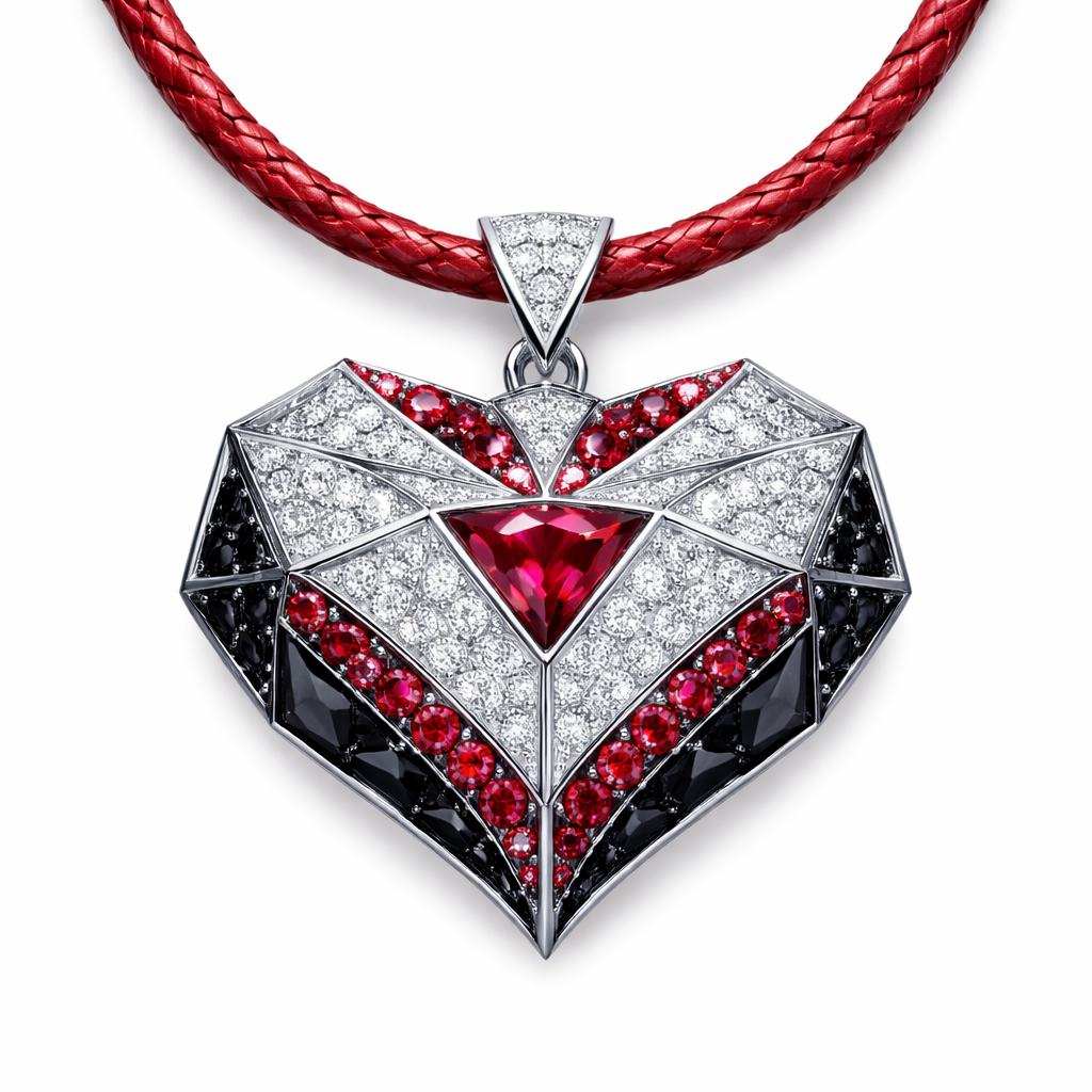 Geomatric pendant of heart of ede style and shape white black diamonds of love shape of little bit of ruby stones and chain of red leather