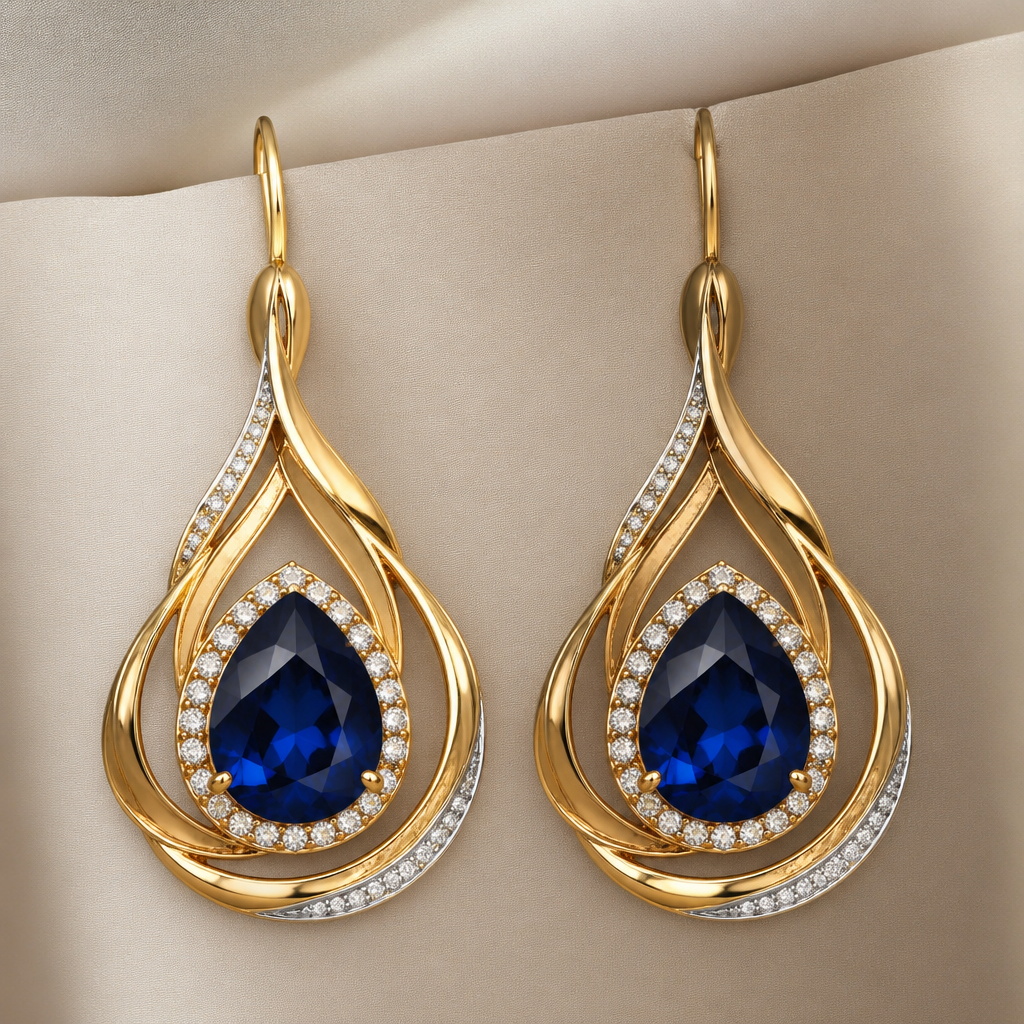 A classic women's earrings. a moderate large earing with gold flicks and sliver lining but have brings out her beauty and with gems at the center
photorealistic jewelry design, A classic women's earrings. a moderate large earing with gold flicks and sliver lining but have brings out her beauty and with gems at the center, classic style, just the design no text
