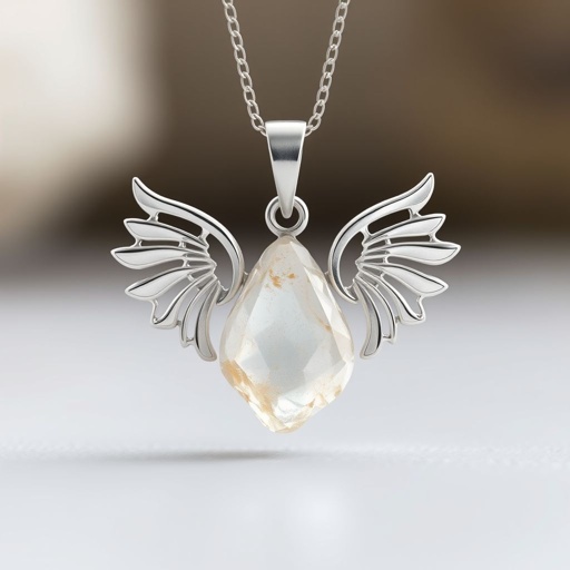Create a pendant, use silver minimal, use raw gem stone and at top side of gem at the back there shall be one wing showing right hand side of the stone and one left hand side 