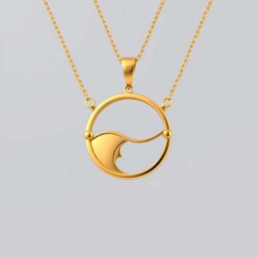 Golden necklace with big 3 cm diameter circle divided like yin yang, and that line is a river, on each side a little circle, then Kazakh ornaments