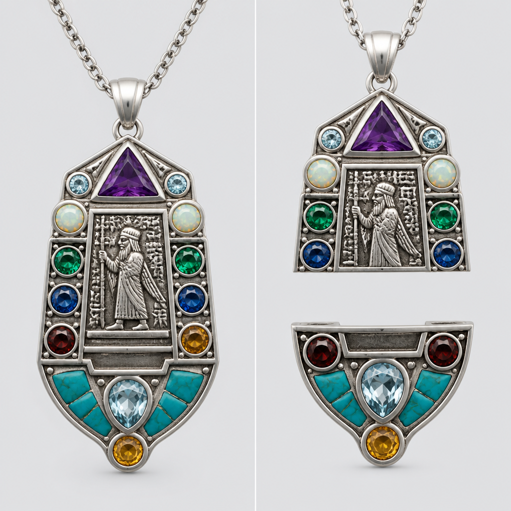 A geometric women's pendant made of silver with amethyst and opal and sapphire and emerald and garnet and aquamarine and topaz and turquoise stones suitable for daily wear. quiero un colgante de la civiñizacion sumeria desmontable en dos , para dos uso diferentes tipo amuleto
photorealistic jewelry design, A geometric women's pendant made of silver with amethyst and opal and sapphire and emerald and garnet and aquamarine and topaz and turquoise stones suitable for daily wear. quiero un colgante de la civiñizacion sumeria desmontable en dos , para dos uso diferentes tipo amuleto, geometric style, just the design no text