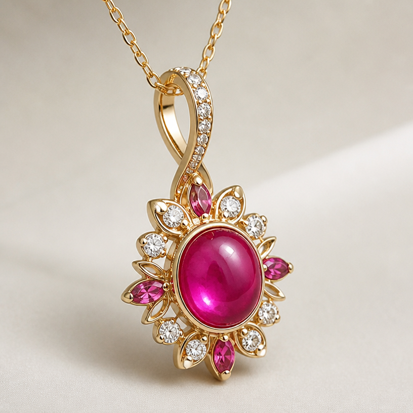 A modern women's pendant with ruby stones suitable for daily wear, detailed and decorative, moderately ornate
using the attached image as a visual reference, create A modern women's pendant with ruby stones suitable for daily wear, detailed and decorative, moderately ornate. photorealistic, just the design no text