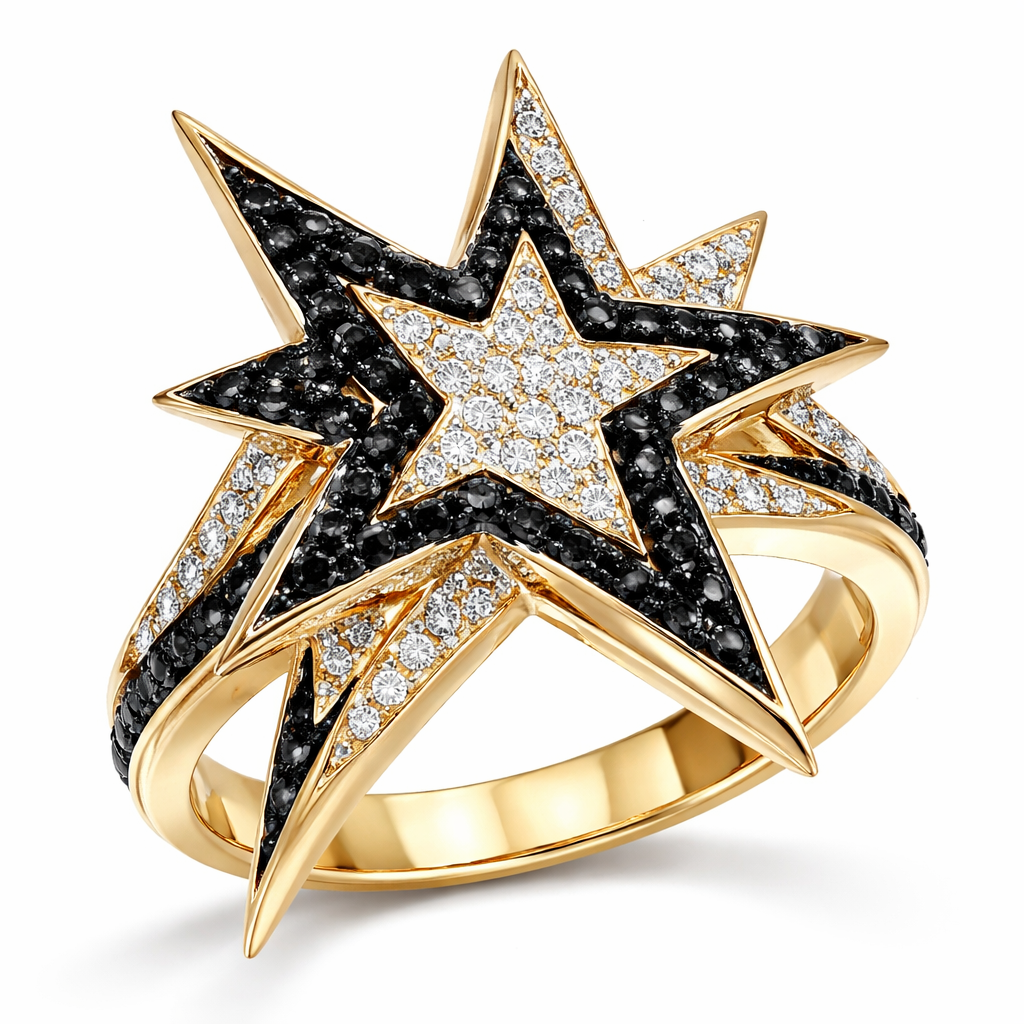 Unique modern edgy ring of Unique design of edges and bold shapes of nice unique star with black diamonds and white diamonds of white background ov yellow gold