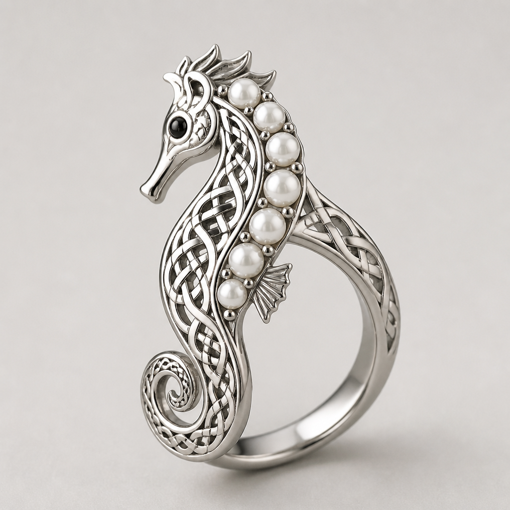 A celtic women's ring made of platinum with pearl stones suitable for formal. make a sea horse like ring with pearls going down it's back
photorealistic jewelry design, A celtic women's ring made of platinum with pearl stones suitable for formal. make a sea horse like ring with pearls going down it's back, celtic style, just the design no text
