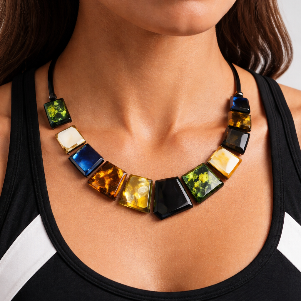Only ambers stone strict shapes one line combined necklace for women green black white blue yellow colours mix in sport style