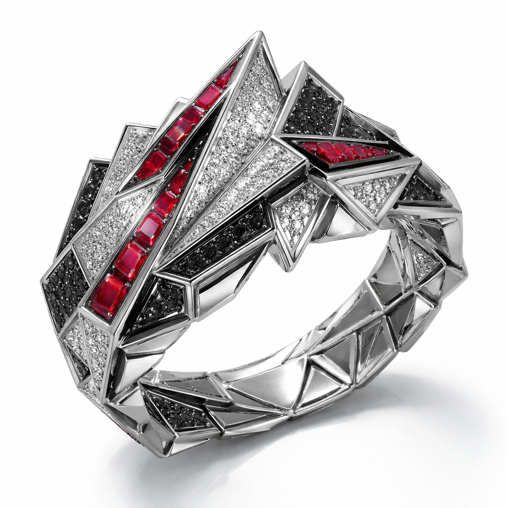 Geomatric shape and architecture shape and voulme of edgy style of bracelet with diamonds and black diamonds and rubybof white background