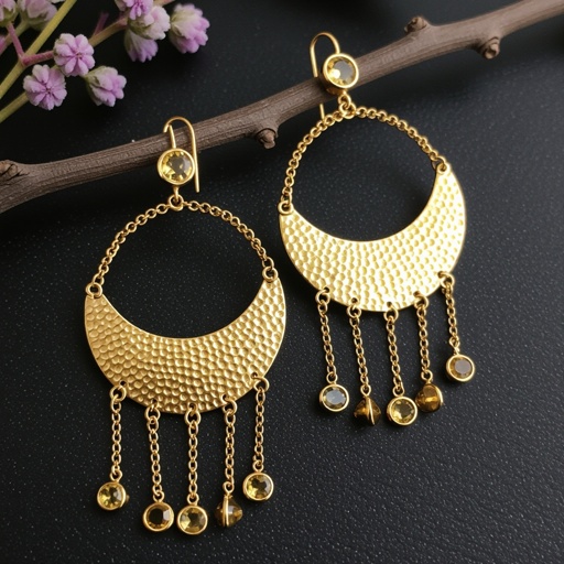 Золотые серьги словно мятое золото в форме узкого изящного полумесяца. Верхушка полумесяца крепится к застежке серьги.  От полумесяца идет три цепочки, у каждой на конце мелкий камушек цитрин