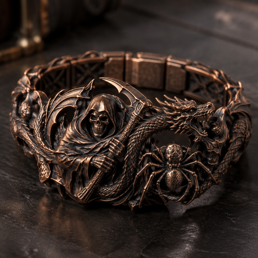 A luxury men's bracelet made of copper suitable for daily wear. a reaper with a dragon coat and a spider
photorealistic jewelry design, A luxury men's bracelet made of copper suitable for daily wear. a reaper with a dragon coat and a spider, luxury style, just the design no text