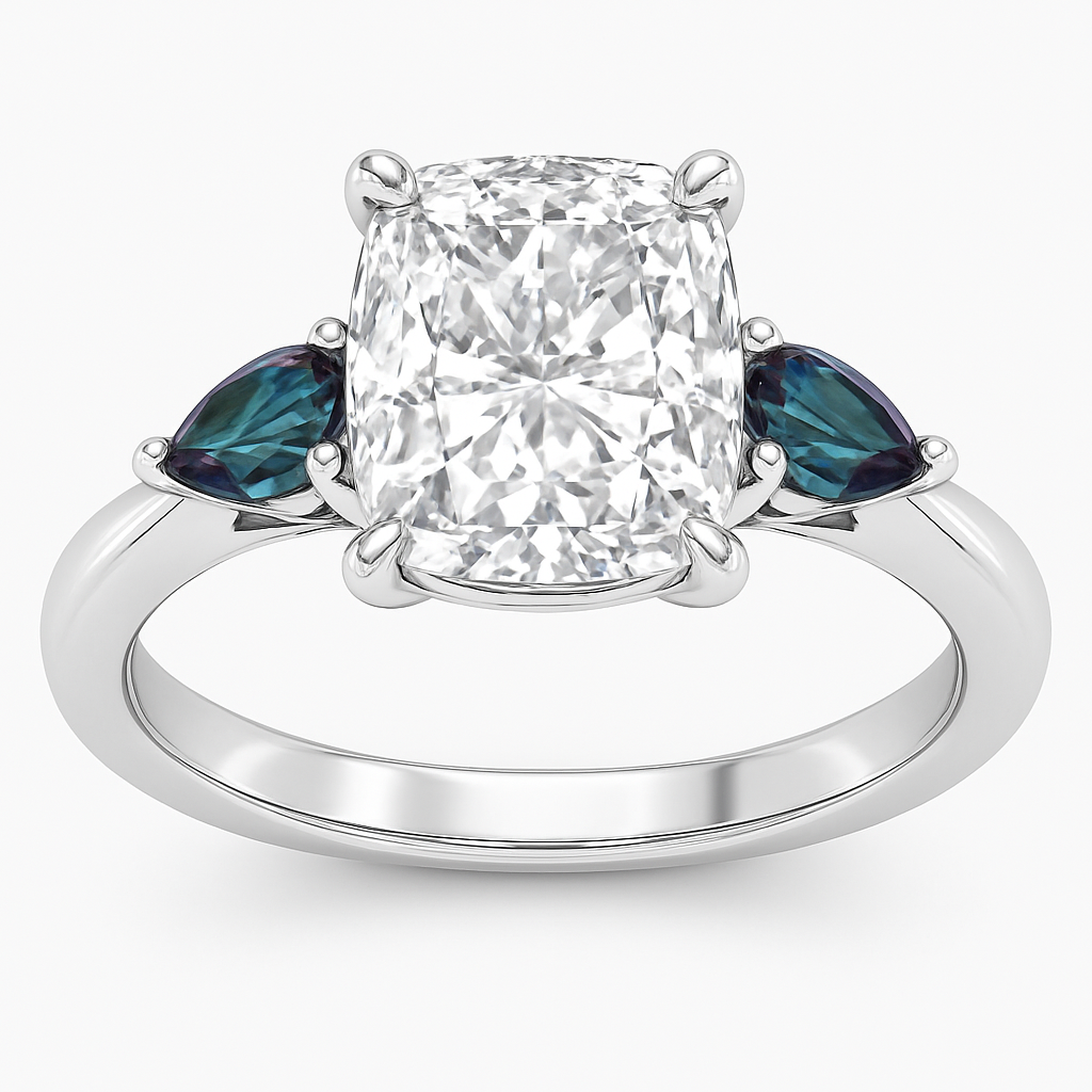  2 carat elongated cushion cut diamond with claw prongs and marquise alexandrite side stones set in a white gold flared shank 