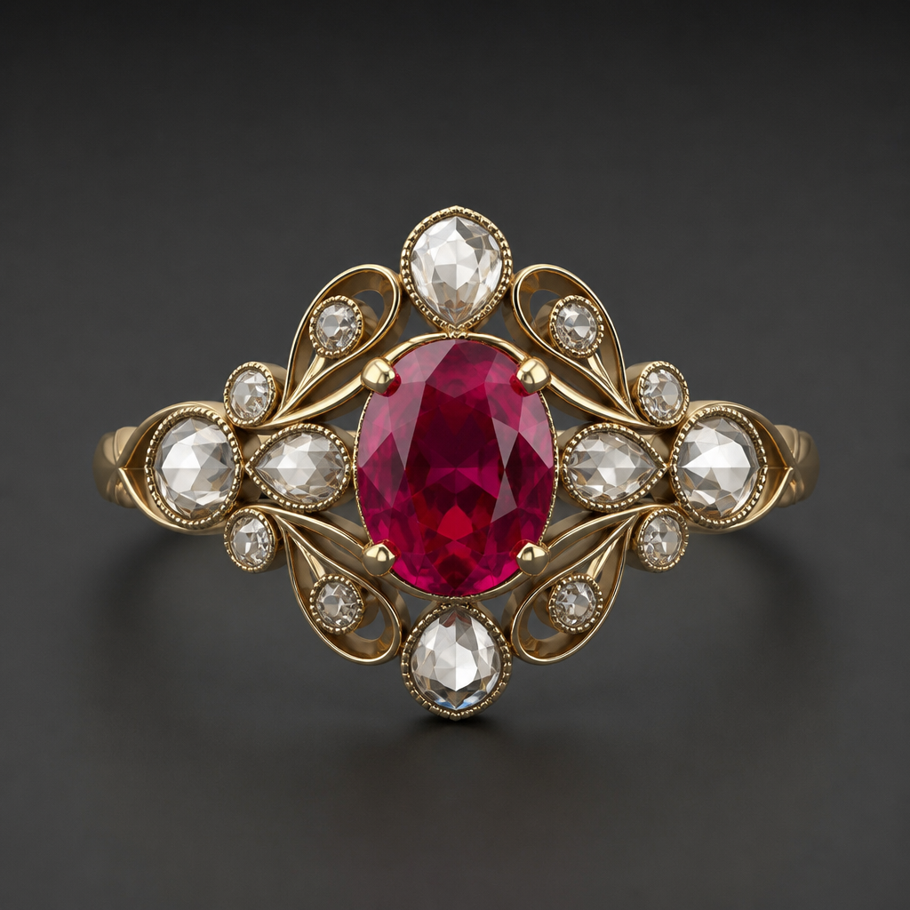 Ring with rose cut diamonds and Ruby oval
photorealistic jewelry design, Ring with rose cut diamonds and Ruby oval , art_nouveau style, just the design no text