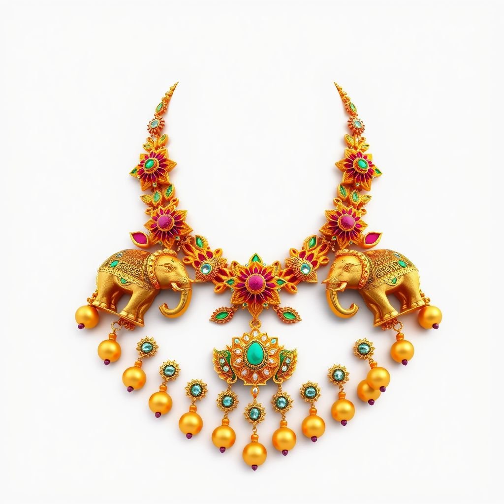 I want heritage Jewllery which are include figure like elephant,jadau birds and many more animal and flower and it’s kundan jewllery and make necklace style which easy to wear in neck and down side of necklace small gola balls which are included small small gughari ball you have to make with kundan piece which are Heydrabadi kundan 